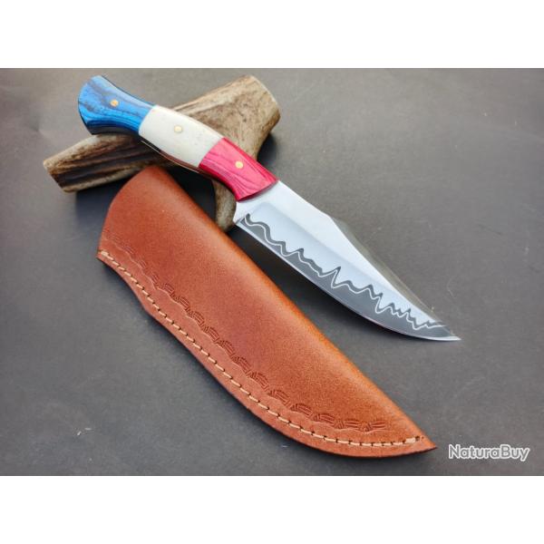 couteau de Poche fait   Main Lame Acier D2 Manche Drapeau Franais Bois Et Os 20