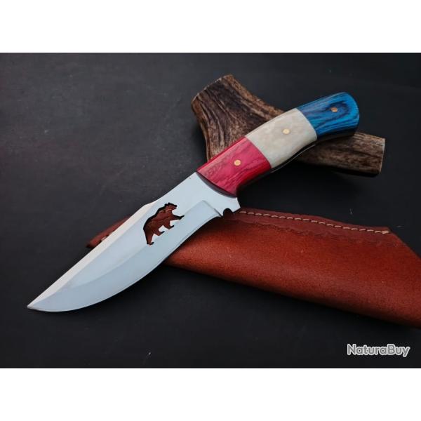 couteau de Poche fait   Main Lame Acier D2 Manche Drapeau Franais Bois Et Os 21