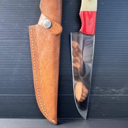 couteau de Cuisine Fait &Agrave; Main Lame Acier D2 Manche Drapeau fran&ccedil;ais En Bois et Os Chameau17