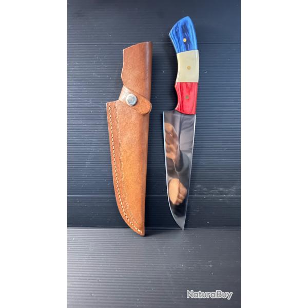 couteau de Cuisine Fait � Main Lame Acier D2 Manche Drapeau fran�ais En Bois et Os Chameau17