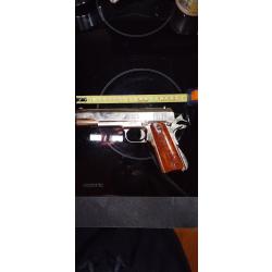 Colt M1911A1 Chromé - Réplique Full Métal Denix - Plaquettes bois - État nickel !
