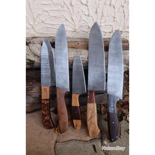 LOT DE 5 Couteau De Cuisine Couteau de Chef Lame Acier Damas 256 Couches Fabrication Artisanale 001