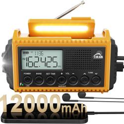 Radio Solaire Urgence Batterie 12000mAh Manivelle SOS Étanche IPX4 Lampe Poche Lecture LED USB Jaune