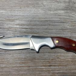 Couteau de chasse Skinner manche bois + crochet d'éviscération lame acier 440 avec etui