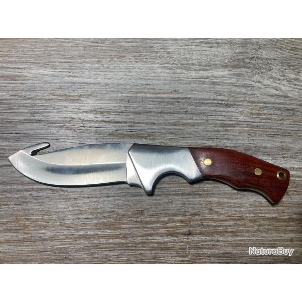 Couteau de chasse Skinner manche bois + crochet d'viscration lame acier 440 avec etui