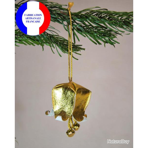 Fleur Campanule musicale de Nol en cuir et ses clochettes pour le sapin or