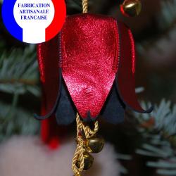 Fleur Campanule musicale de No&euml;l en cuir et ses clochettes pour le sapin rouge profond