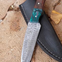 Skinner Couteau de Chasse Damas Lame 256 Couches Manche Rosewood/Résine Fabr Artisanale Etui Cuir