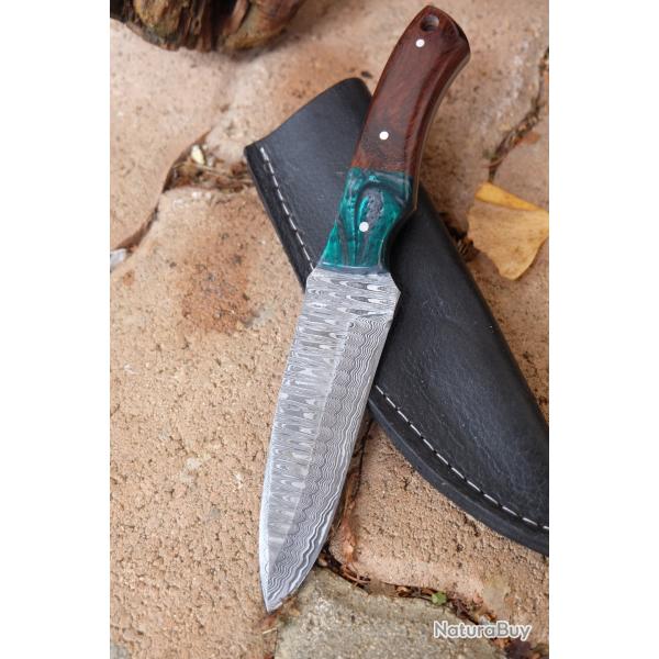 Skinner Couteau de Chasse Damas Lame 256 Couches Manche Rosewood/Rsine Fabr Artisanale Etui Cuir