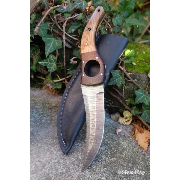 Couteau De Cuisine & Rando Lame Acier Damas 256 Couches Faon Huusk Manche Bois Etui Artisanale