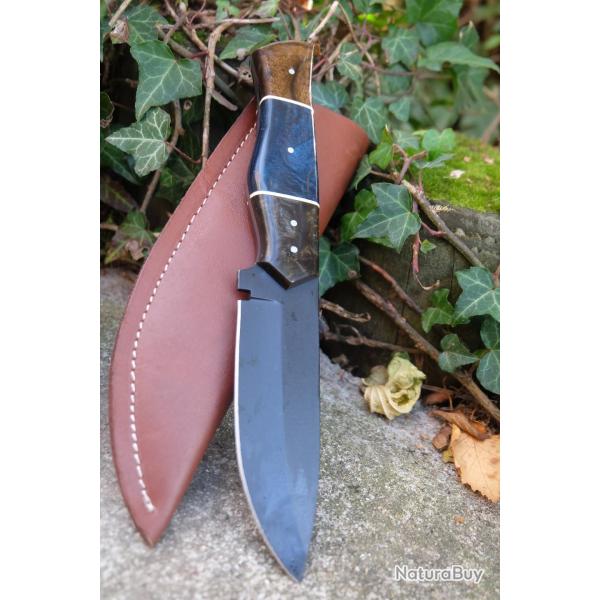 Couteau Skinner Lame Drop Point Acier Carbone 1055 Black Manche Rsine Etui Cuir Fab Artisanale