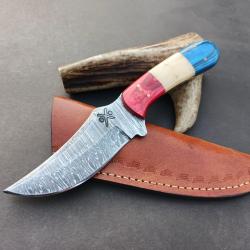 couteau de Poche fait  À Main Lame Acier Damas Manche Drapeau Français Bois Et Os 20