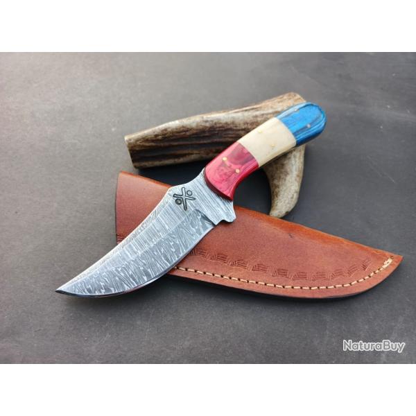 couteau de Poche fait   Main Lame Acier Damas Manche Drapeau Franais Bois Et Os 20