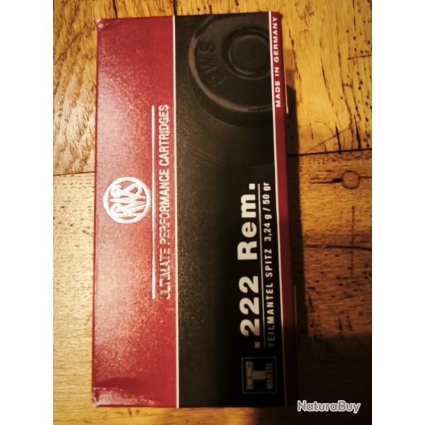 Boite 20 balles 222 rem RWSTeilmantel spitz 3,24g/50 grains (bote 2)