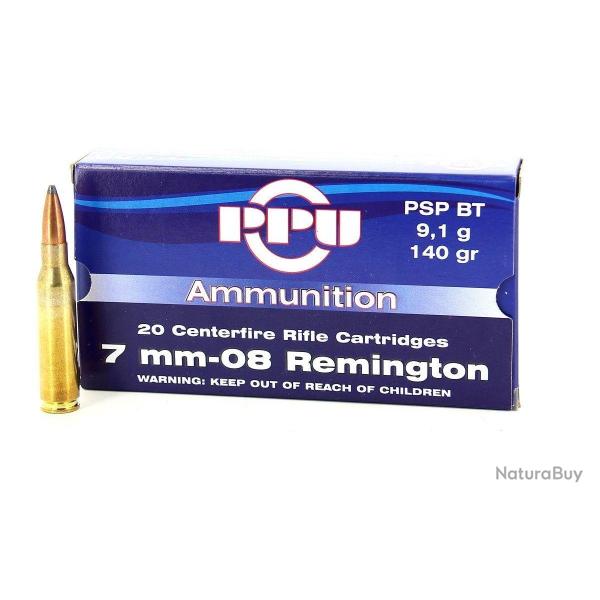 Boite de munition PPU/Partizan 7-08 Remington PSP BT 9.1g 140gr x100