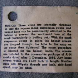 WW2 US NOTICE CARTON POUR MASQUE A OXYGÈNE MILITAIRE AMÉRICAIN EN DATE DU 1 DÉCEMBRE 1944 (39-45)
