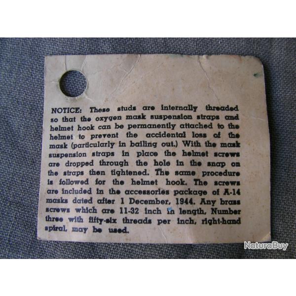 WW2 US NOTICE CARTON POUR MASQUE A OXYGNE MILITAIRE AMRICAIN EN DATE DU 1 DCEMBRE 1944 (39-45)