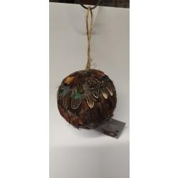 1 Suspension - BOULE DE NOEL Ronde 8cm - plume de faisan