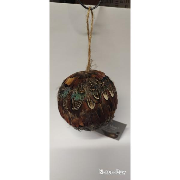 1 Suspension - BOULE DE NOEL Ronde 8cm - plume de faisan