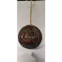 1 suspension - BOULE DE NOEL Ronde 10cm - plume de faisan