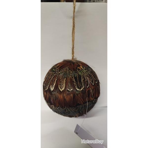 1 suspension - BOULE DE NOEL Ronde 10cm - plume de faisan