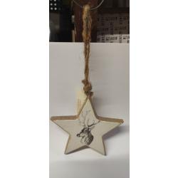 1 suspension - BOULE DE NOEL en &eacute;toile - motif cerf - en bois