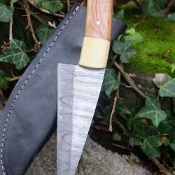 Couteau De Cuisine & Rando Lame Acier Damas 256 Couches Manche Bois/Résine Etui Cuir F Artisanale