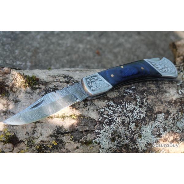 Couteau Lame Damas 128 Couches Style Buck 112 Manche Atlantide Fabr Artisanale Scurit Lockback