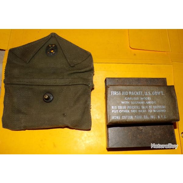 ARMEE AMERICAINE U.S : POCHETTE EN TISSU  AVEC PANSEMENT INDIVIDUEL ( FABRICATION ACME A NEW YORK )