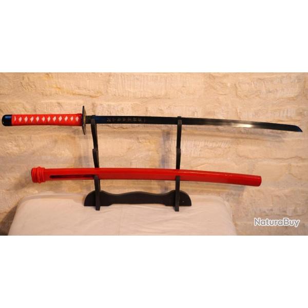 KATANA Sabre japonais rouge avec caractres sur lame visibles au travers du fourreau EBR24JAP015