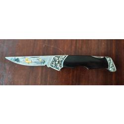 Couteau pliant de collection avec gravures, signé Franklin Mint, fait par Boker, Solingen