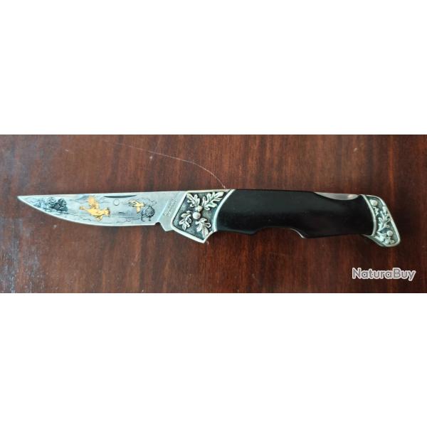 Couteau pliant de collection avec gravures, sign Franklin Mint, fait par Boker, Solingen