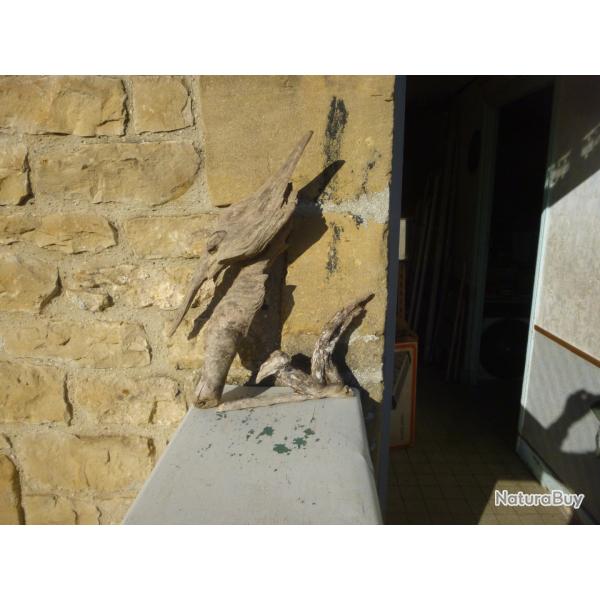 2 Sculpture bois flott forme d' oiseau