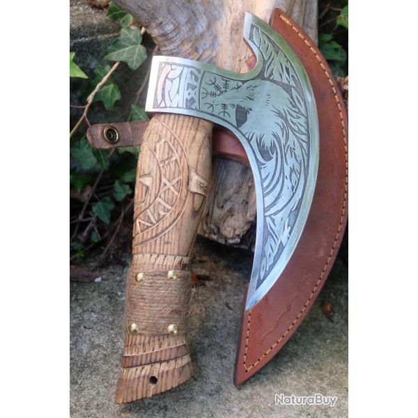 HACHE HACHETTE de Gimli Lame Acier Carbone 1055 Manche Bois Sculpt Etui Cuir Fabric Artisanale