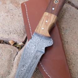 Couteau Tanto Damas Lame 256 Couches Manche Bois Etui SImili Cuir Fabrication Artisanale