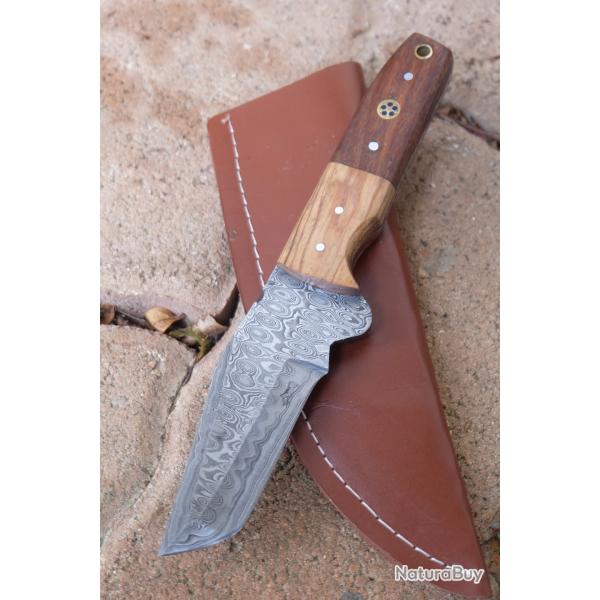 Couteau Tanto Damas Lame 256 Couches Manche Bois Etui SImili Cuir Fabrication Artisanale