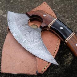 Couteau d'Esquimau Inuit Ulu Lame Acier Damas 256 Couches Manche Bois&Résine Etui Cuir F Artisan