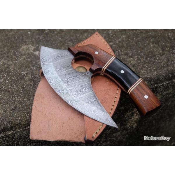 Couteau d'Esquimau Inuit Ulu Lame Acier Damas 256 Couches Manche Bois&Rsine Etui Cuir F Artisan