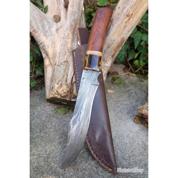 Beau Poignard Couteau Legolas Damas Lame 256 Couches Manche Bois Fabrication Artisanale Etui Cuir
