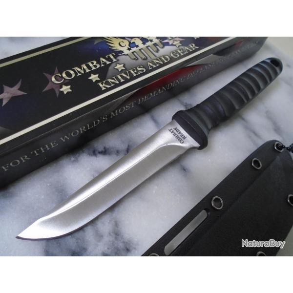 Couteau De Cou Combat Ready Lame Drop Point Acier Inox Manche ABS Noir Etui Plastique Chaine