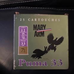 Une boîte de 25 cartouches Mary arme calibre 12, culot 12, longueur 70 mm, charge 33 gr., 7 1/2