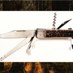 * COUTEAU DE CHASSE * MULTIFONCTIONS * P.A.D * 6p * OS CERF&Eacute; * &Eacute;TUI CUIR * FRANCE *