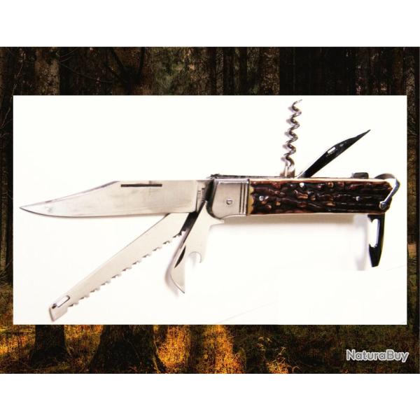 * COUTEAU DE CHASSE * MULTIFONCTIONS * P.A.D * 6p * OS CERF� * �TUI CUIR * FRANCE *