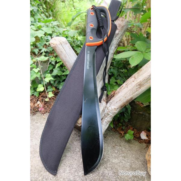 Machette Guide d'Amazonie Lame Acier 3Cr13 Manche ABS Black Orange Avec Grosse Garde Etui Nylon