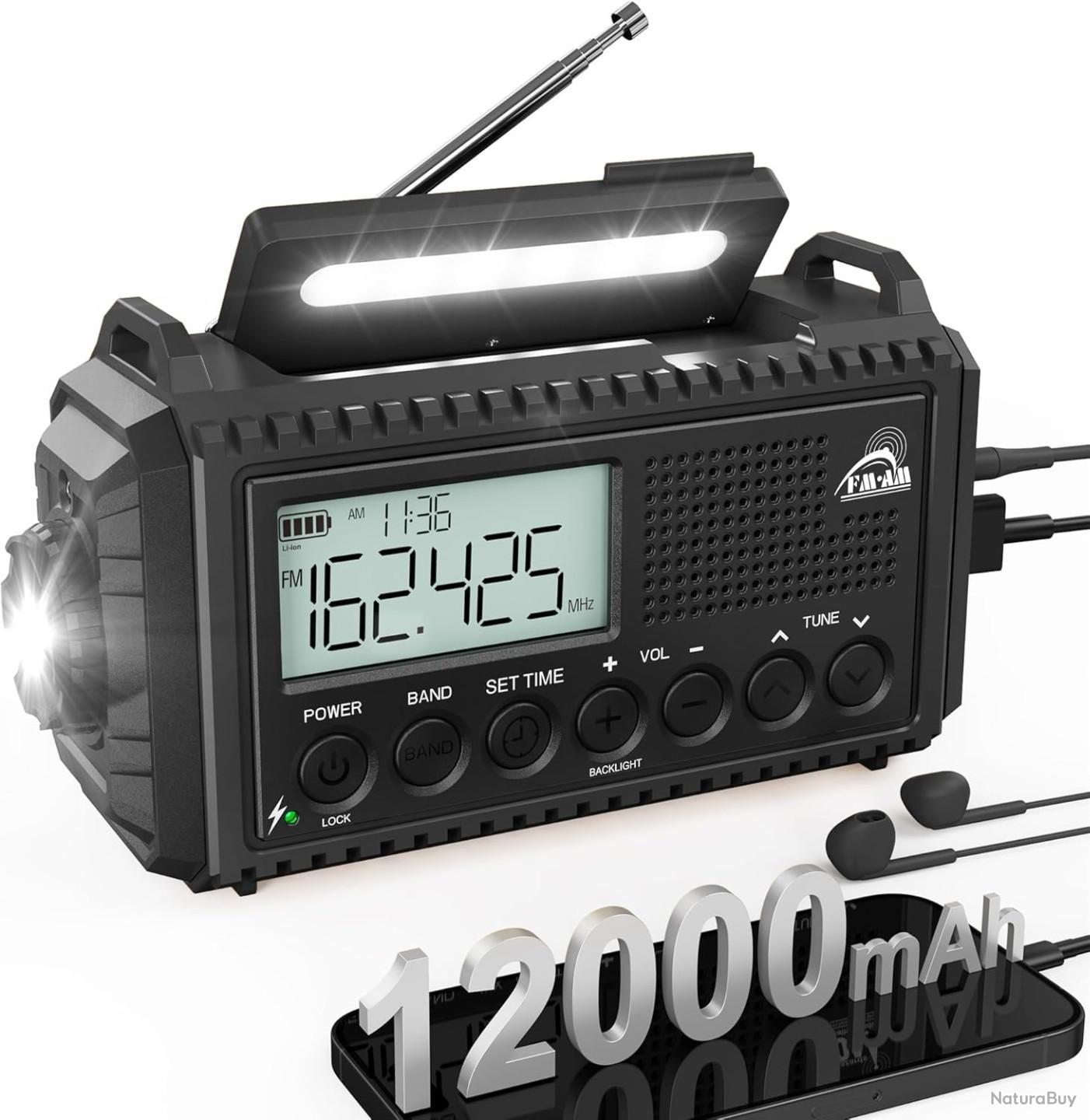 Radio Solaire à Manivelle H17 – Lampe Torche 600LUX, Alarme SOS, Batterie 12000 MAh