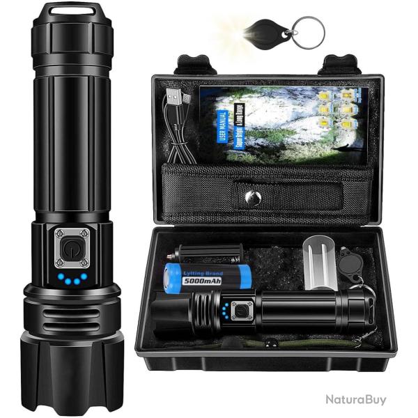 Lampe Torche LED Batterie 5000mAh Super Puissante 500000 Lumens �tanche IP67 5 Modes USB Zoomable