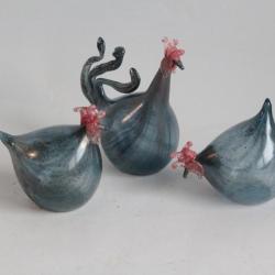 Poules et coq verre souffl&eacute; d'art Ren&eacute; Burri Mundgeblasen Suisse