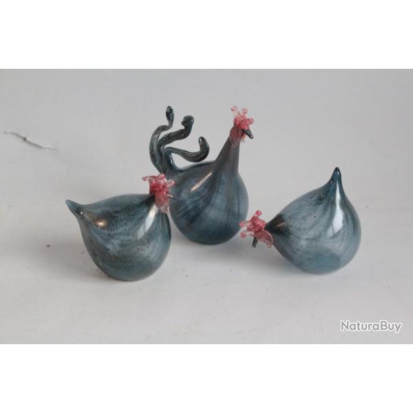 Poules et coq verre souffl� d'art Ren� Burri Mundgeblasen Suisse