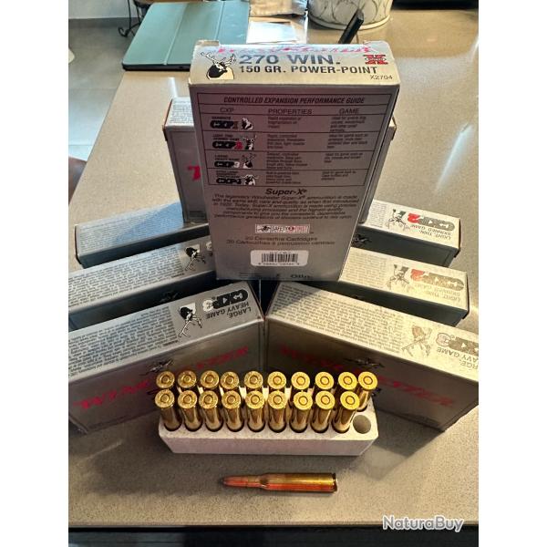 Lot de 8 boites de 20 munitions 270 WIN. 150 GR. POWER-POINT SUPER X