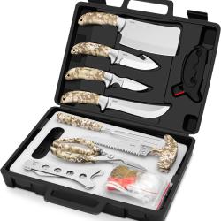 Coffret 15 Couteaux de Chasse Kit Complet Éviscération & Dépeçage avec Scie à Os Cisailles à Gibier